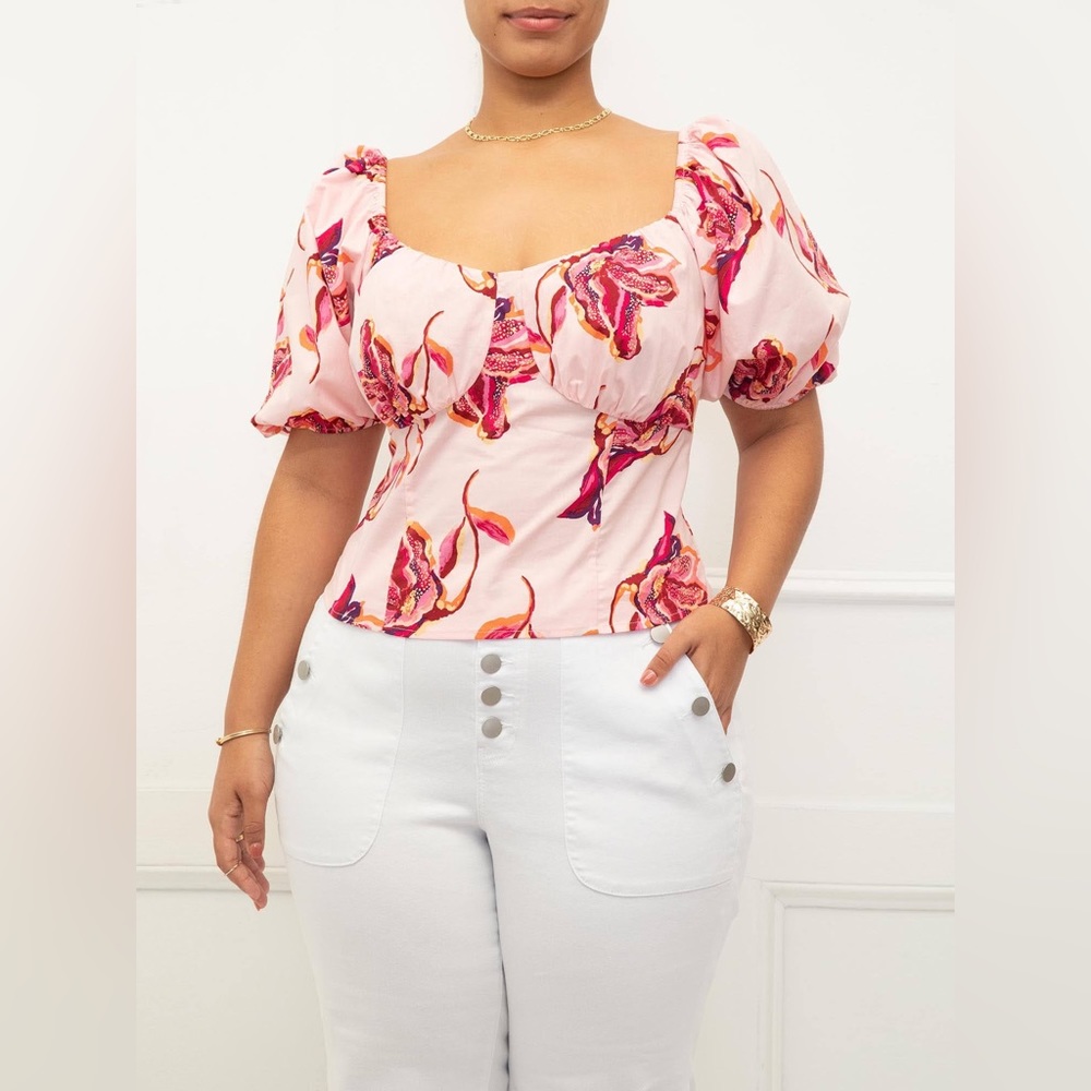 Eloquii Elements Women's Plus Size Smocked Cropped Top with Puff Sleeves Pink